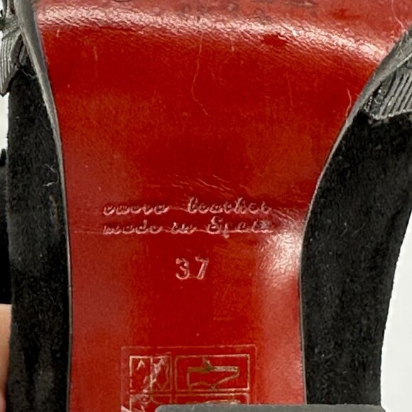 Chie Mihara 37 Black Suede Ankle Booties Fringe Peep Toe 3.5in Block Heel Boho - Picture 8 of 11